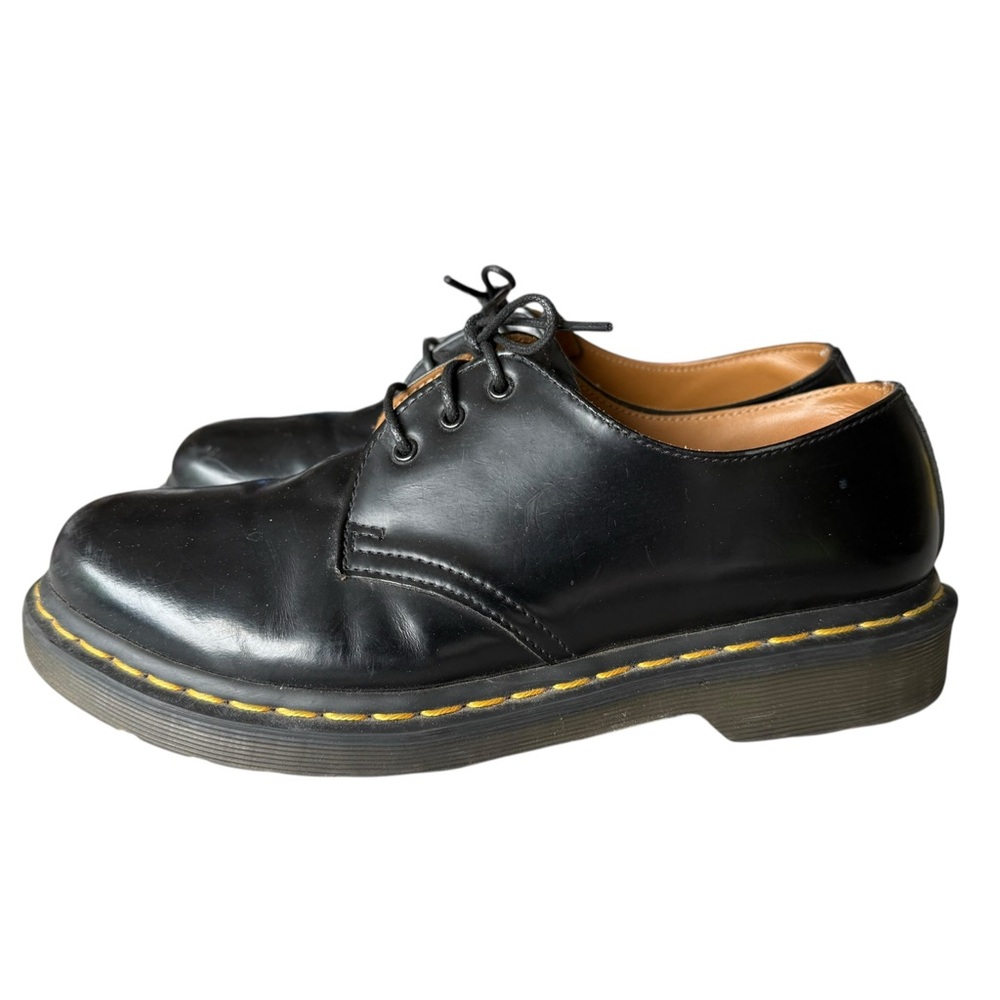 Dr. Martens Black Leather 3-Eye Oxford Flats with Yellow Stitching